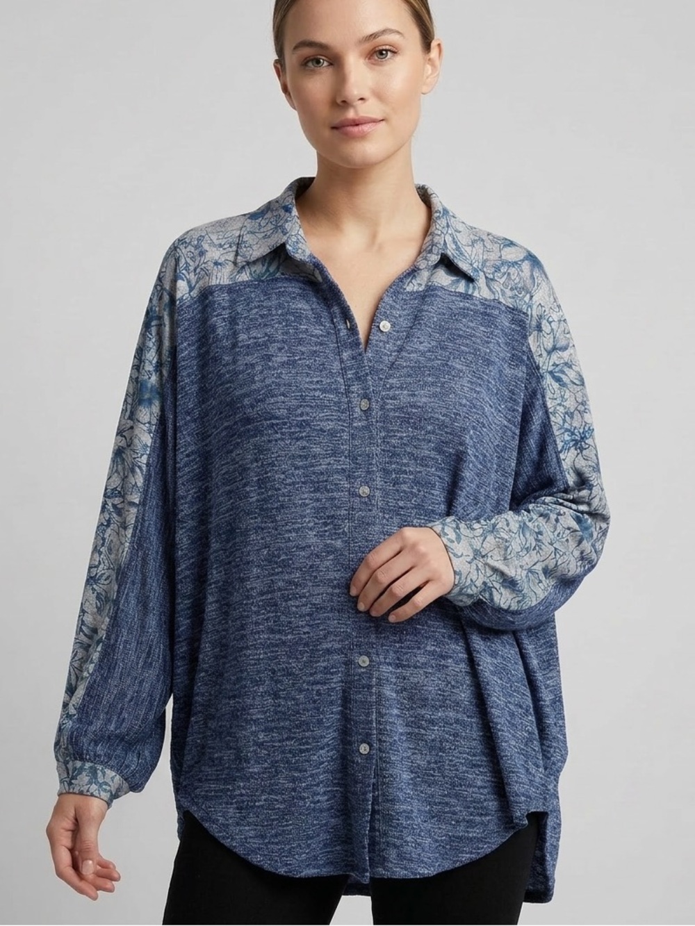 “The Skylar” Oversized Blue Mixed-Print Button Front Top